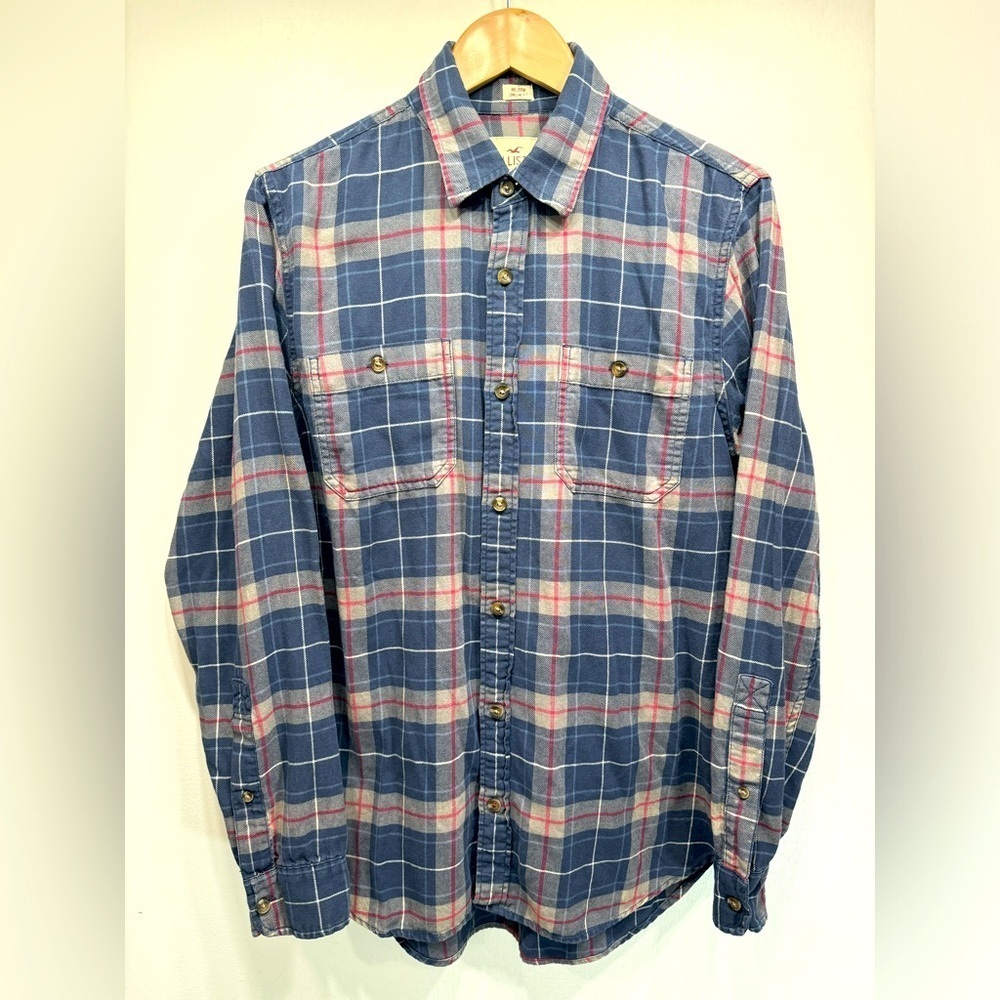 Hollister LongLine Fit Navy Taupe & Ivory Plaid Button Front Flannel Shirt